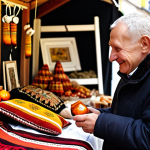 **Prompt:** A warm and inviting scene at a traditional Polish market. An older, friendly Polish vendor, possibly with kind eyes and a welcoming smile, is engaging with a tourist who expresses genuine interest in a handcrafted item, such as a piece of Baltic amber jewelry or a richly embroidered textile. The atmosphere is respectful and open, with soft, natural lighting highlighting the authentic crafts and the positive interaction between vendor and buyer. Background elements subtly hint at other market stalls, suggesting a lively yet intimate setting in a city like Krakow.