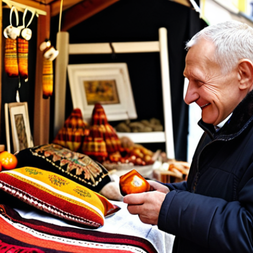Home 22 **Prompt:** A warm and inviting scene at a traditional Polish market. An older, friendly Polish vendor, possibly with kind eyes and a welcoming smile, is engaging with a tourist who expresses genuine interest in a handcrafted item, such as a piece of Baltic amber jewelry or a richly embroidered textile. The atmosphere is respectful and open, with soft, natural lighting highlighting the authentic crafts and the positive interaction between vendor and buyer. Background elements subtly hint at other market stalls, suggesting a lively yet intimate setting in a city like Krakow.