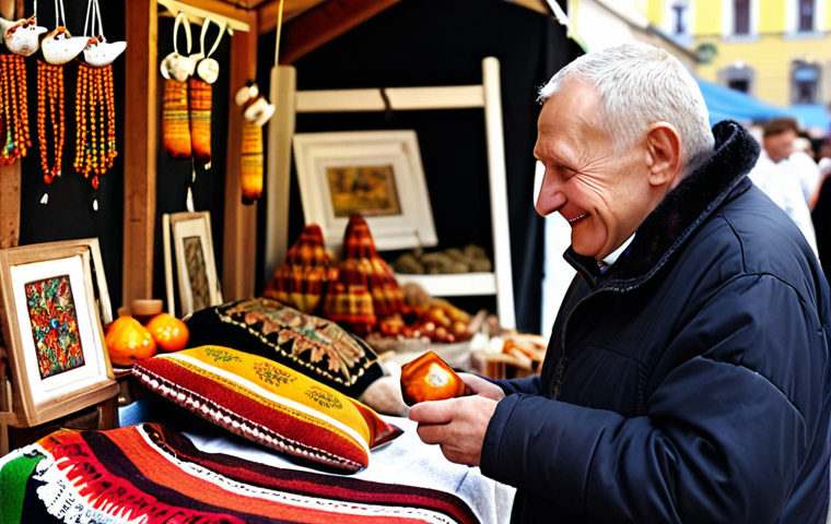 **Prompt:** A warm and inviting scene at a traditional Polish market. An older, friendly Polish vendor, possibly with kind eyes and a welcoming smile, is engaging with a tourist who expresses genuine interest in a handcrafted item, such as a piece of Baltic amber jewelry or a richly embroidered textile. The atmosphere is respectful and open, with soft, natural lighting highlighting the authentic crafts and the positive interaction between vendor and buyer. Background elements subtly hint at other market stalls, suggesting a lively yet intimate setting in a city like Krakow.