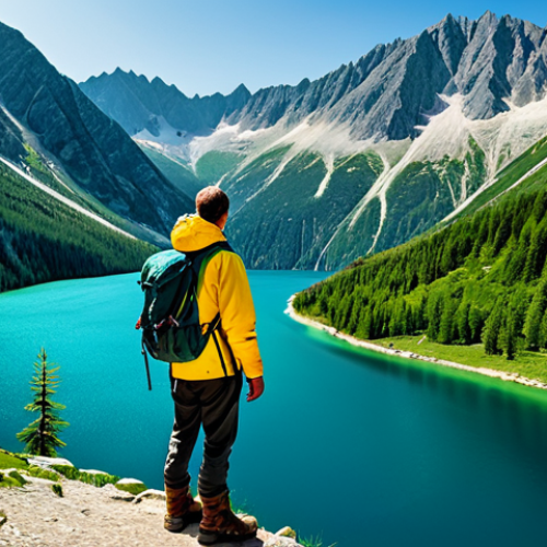 Home 21 A solitary adult hiker, fully clothed in professional, modest, layered hiking gear, including a waterproof jacket and sturdy boots, stands on a well-maintained trail overlooking a stunning emerald-green alpine lake, inspired by Morskie Oko, nestled among majestic, rugged Tatra mountain peaks. The scene captures dense pine forests under a clear, bright sky, with natural light enhancing the vibrant colors of the landscape. The person is in a natural pose, observing the expansive view. Professional nature photography, high quality, realistic, perfect anatomy, correct proportions, well-formed hands, proper finger count, natural body proportions, safe for work, appropriate content, family-friendly.