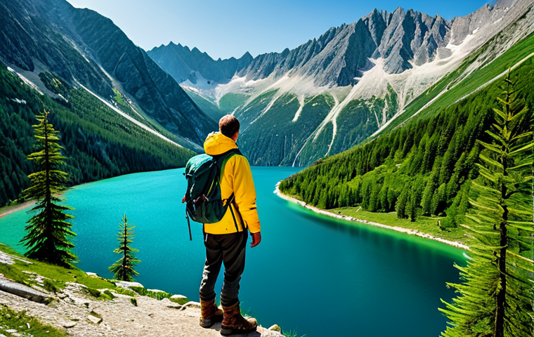 A solitary adult hiker, fully clothed in professional, modest, layered hiking gear, including a waterproof jacket and sturdy boots, stands on a well-maintained trail overlooking a stunning emerald-green alpine lake, inspired by Morskie Oko, nestled among majestic, rugged Tatra mountain peaks. The scene captures dense pine forests under a clear, bright sky, with natural light enhancing the vibrant colors of the landscape. The person is in a natural pose, observing the expansive view. Professional nature photography, high quality, realistic, perfect anatomy, correct proportions, well-formed hands, proper finger count, natural body proportions, safe for work, appropriate content, family-friendly.