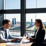 A group of diverse professionals, fully clothed in modern business attire, collaborating in a sleek, sunlit European office building. Through large windows, a modern city skyline with newly built infrastructure (highways, modern train stations) is visible in the background, symbolizing economic growth and integration. They are gathered around a table with laptops and documents, engaging in a productive discussion. The atmosphere is optimistic and forward-looking. Professional photography, high-resolution, sharp focus, natural lighting, perfect anatomy, correct proportions, well-formed hands, natural body proportions, safe for work, appropriate content, fully clothed, professional dress.