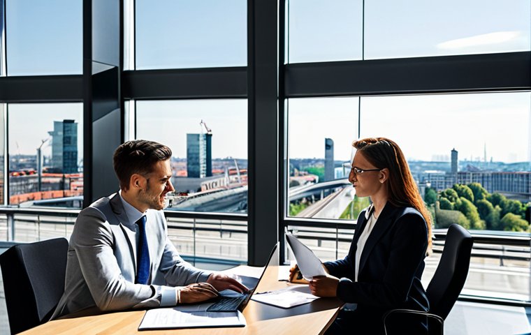 A group of diverse professionals, fully clothed in modern business attire, collaborating in a sleek, sunlit European office building. Through large windows, a modern city skyline with newly built infrastructure (highways, modern train stations) is visible in the background, symbolizing economic growth and integration. They are gathered around a table with laptops and documents, engaging in a productive discussion. The atmosphere is optimistic and forward-looking. Professional photography, high-resolution, sharp focus, natural lighting, perfect anatomy, correct proportions, well-formed hands, natural body proportions, safe for work, appropriate content, fully clothed, professional dress.