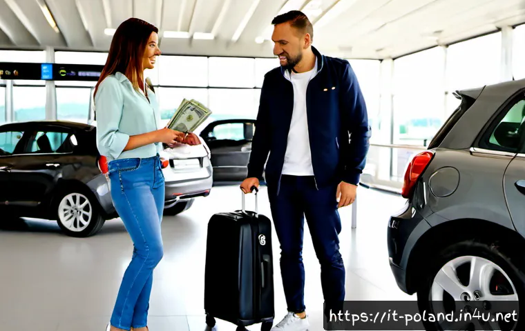 Home 10 폴란드 렌터카 이용법 - Photorealistic travel scene at a modern Polish airport car rental pickup area, an Italian couple in ...