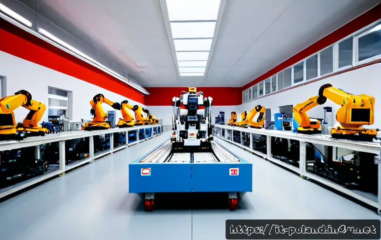 폴란드 로봇 산업 - Photorealistic wide-angle view inside a modern Polish robotics manufacturing facility, collaborative...