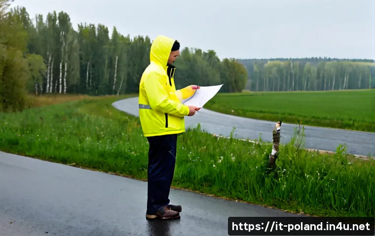 폴란드에서 히치하이킹 가능 여부 - Photorealistic travel safety scene in rural Poland, an adult backpacker wearing a bright rain jacket...
